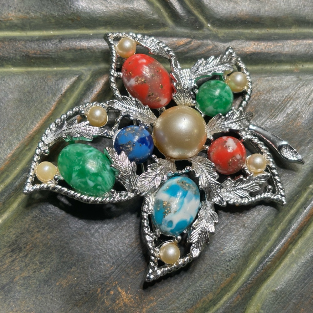 Vintage Sara Coventry Silver Faux pearls Cabochon Glass Brooch, signed green red